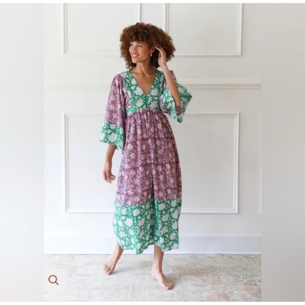 C20 Mille Saffron Dress Purple Green Floral Block Print Midi Kimono Sleeve Small